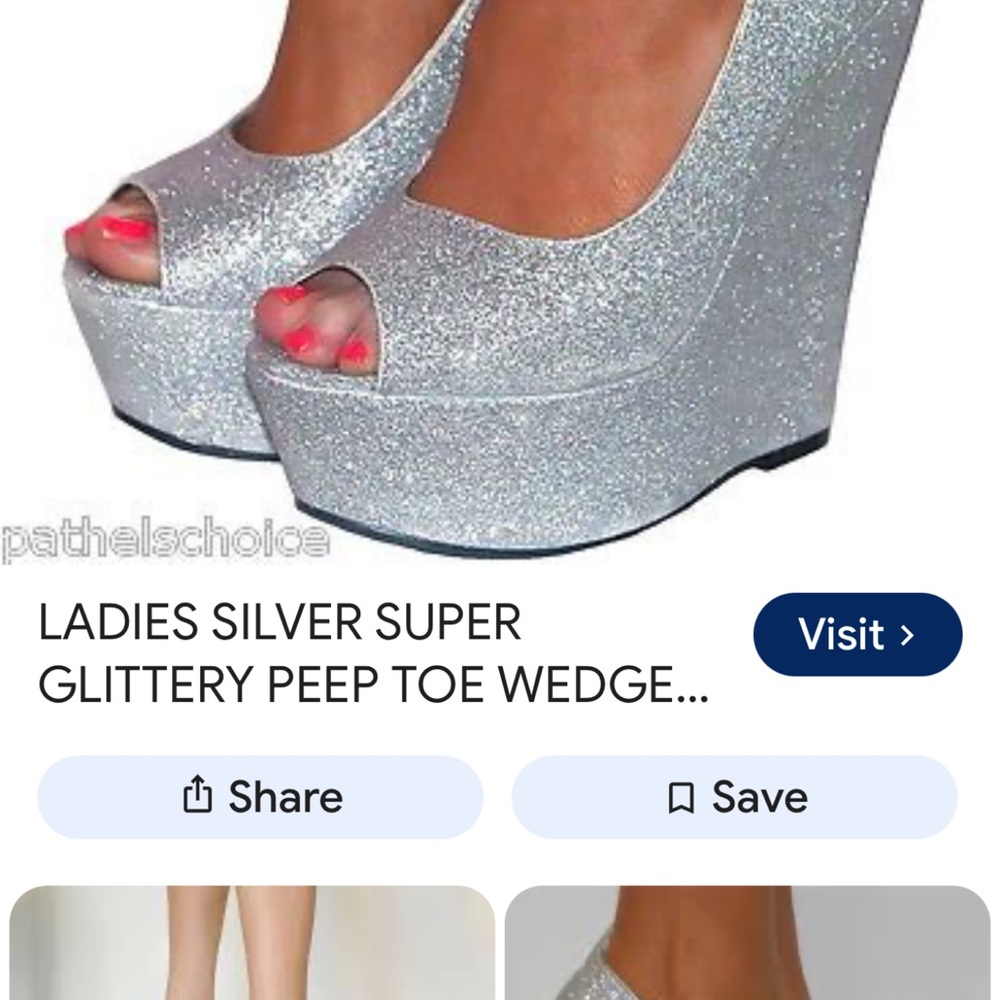 Glitter Peep Toe Wedge Heels in Silver
